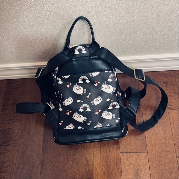 Unicorn And Rainbows Mini Vinyl Backpack Purse Bookbag With Pom Pom - Picture 8 of 10